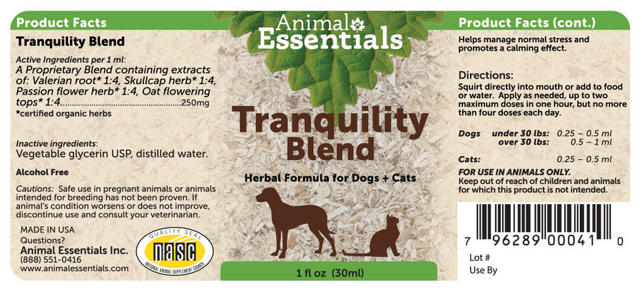 Animal Essentials Tranquility Blend for Dogs and Cats (Anxiety, fireworks, thunderstorms, travel)